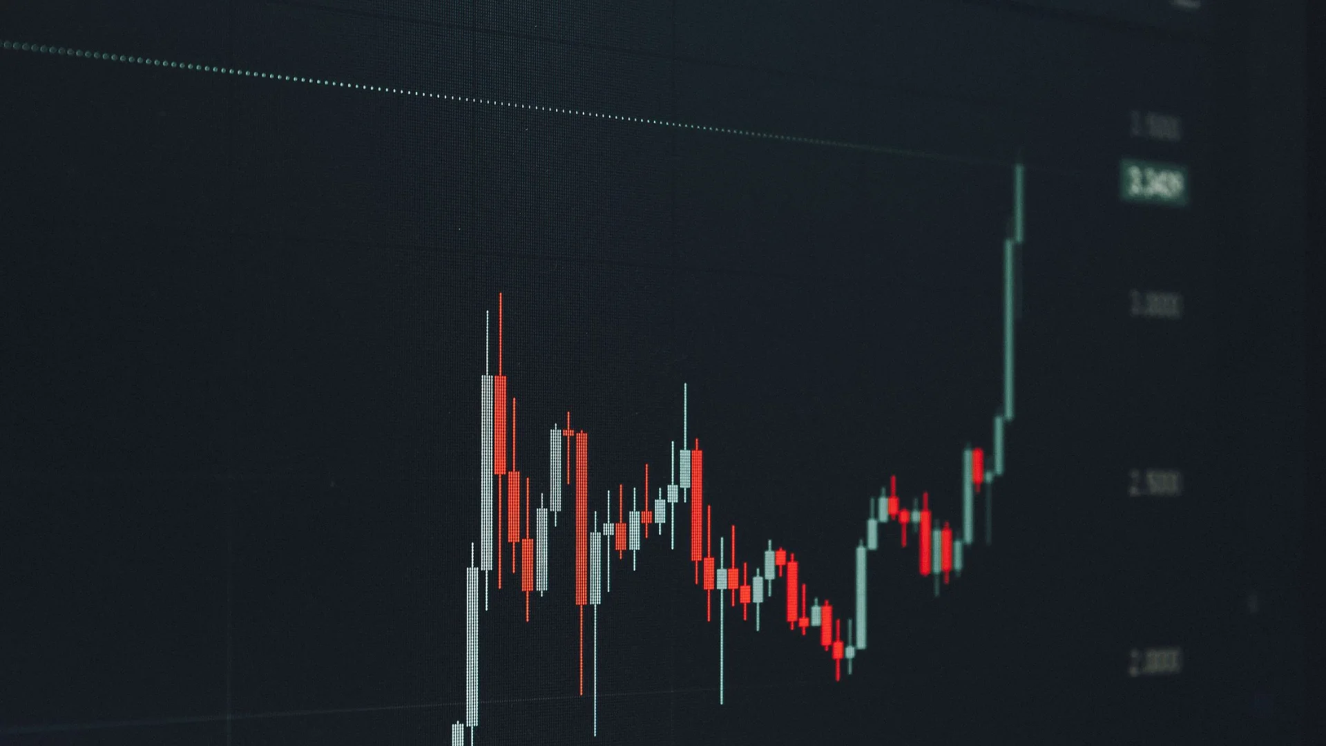 Gráfico de candles numa tela escura, como em um painel de bolsa de valores